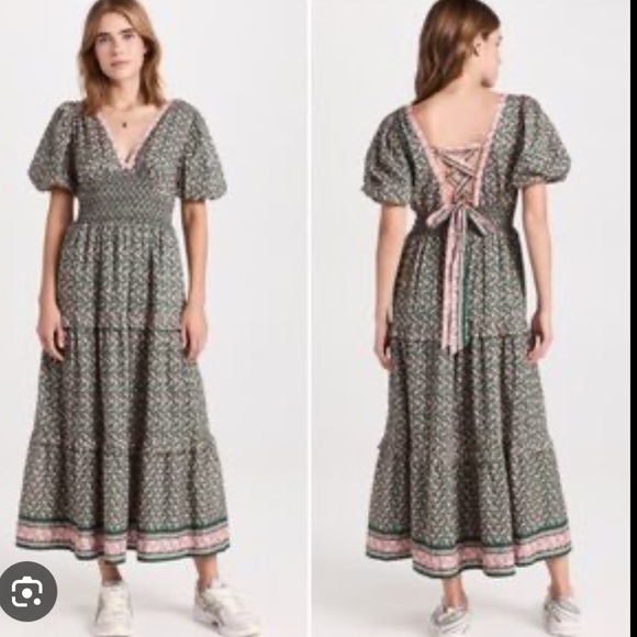 Trovata Nellie Sweet Melba Green Pink Lace Up Floral Midi A Line Dress XS - Picture 5 of 13